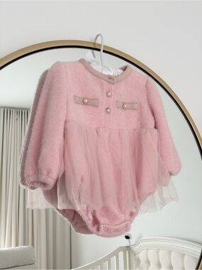 Pink Tulle Trim Baby One-Piece Bodysuit